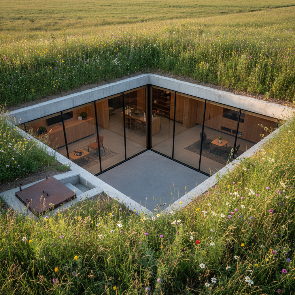 Sunken courtyard of an affordable underground bunker with reinforced glass walls.