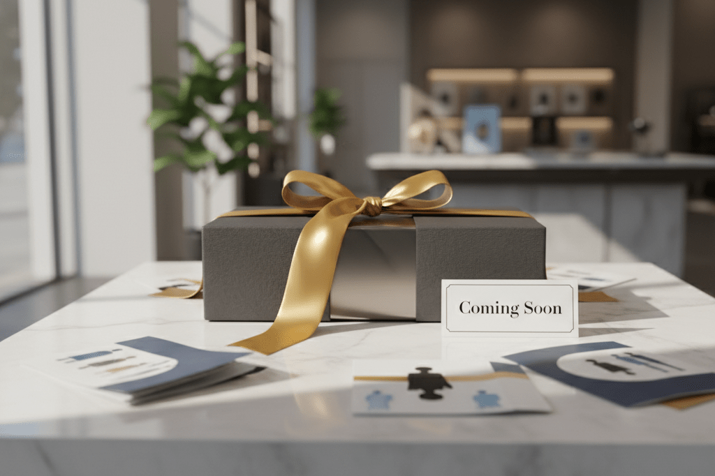 Mystery wrapped product on retail table with brochures under warm light, symbolizing suspense marketing