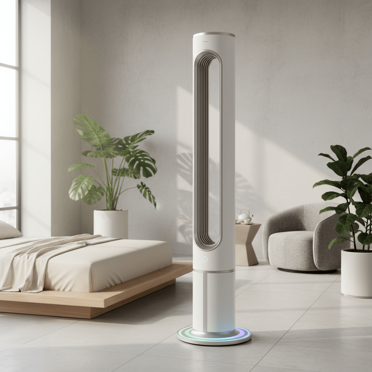 Sleek standup fan with air purification in a modern, minimalist wellness room.