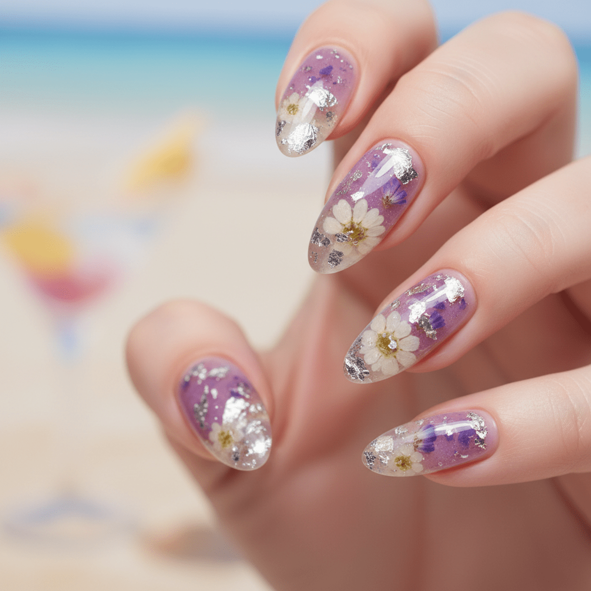 Elegant grape purple jelly nails with silver foil and dried flowers.
