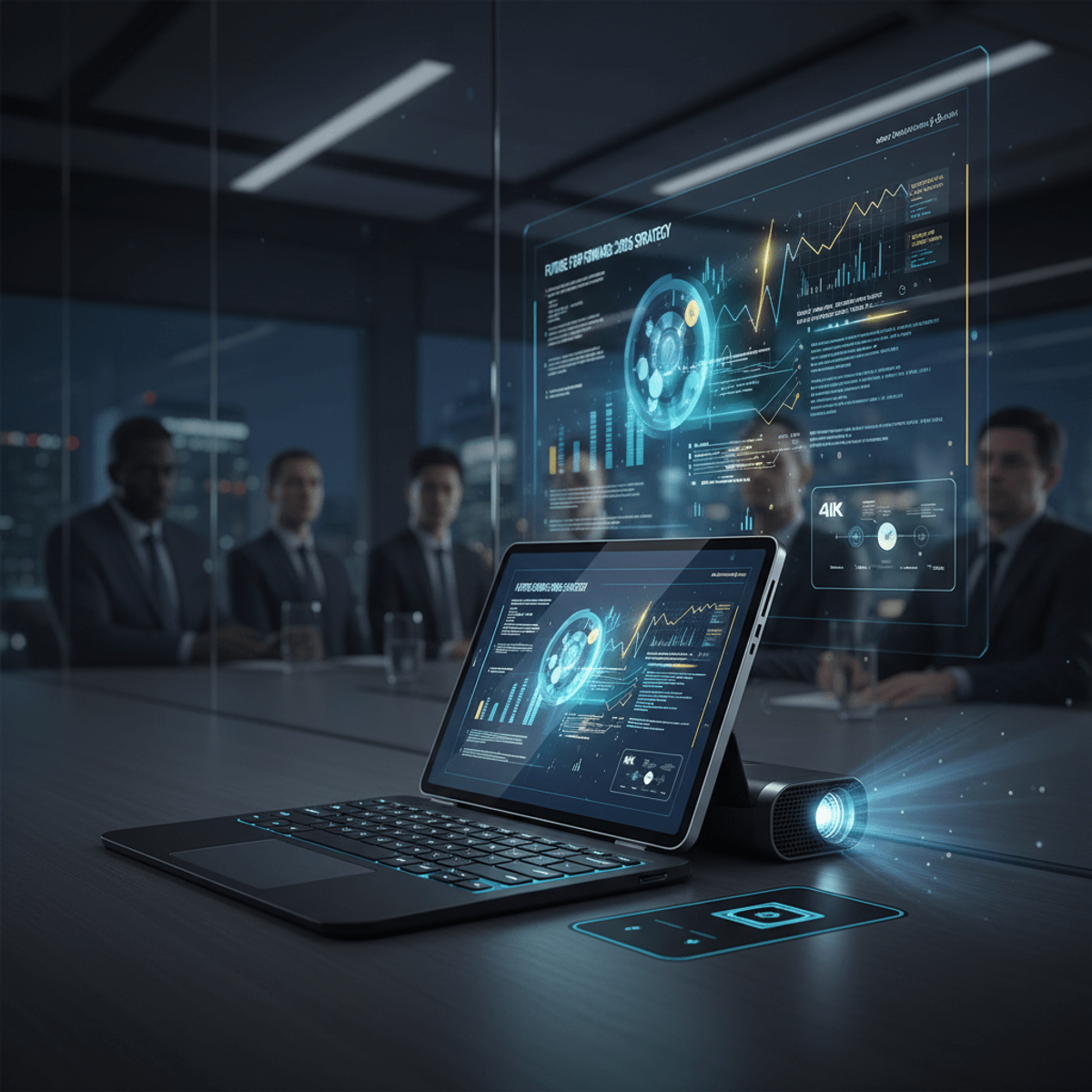 Futuristic tablet and keyboard projecting vibrant 4K visuals in a modern conference room.
