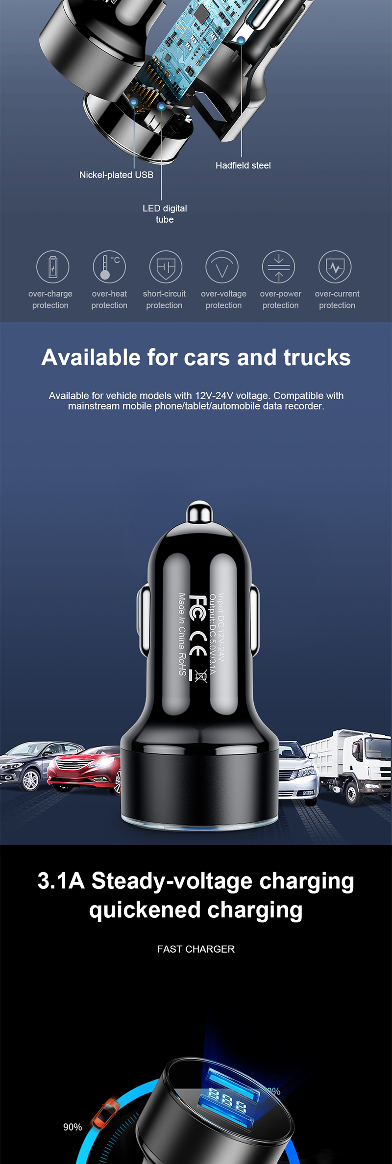 Eonline 3.1A Dual USB Car Charger With LED Display Mobile Phone Car-Charger for Xiaomi 9 Samsung S8 iPhone 11 6 6s 7 8 Plus Tabl