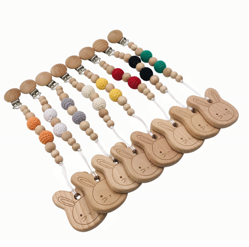 For Baby Chew Pacifier Clip Teething Dummy Wooden Soother Silicone Clip NEW YU