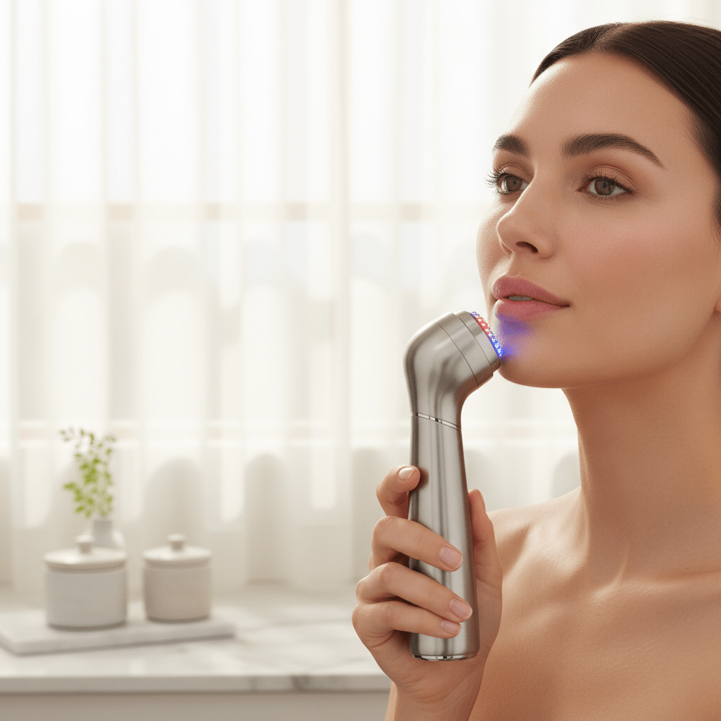 RF wand gently lifting skin on jawline with pulsing LED lights.
