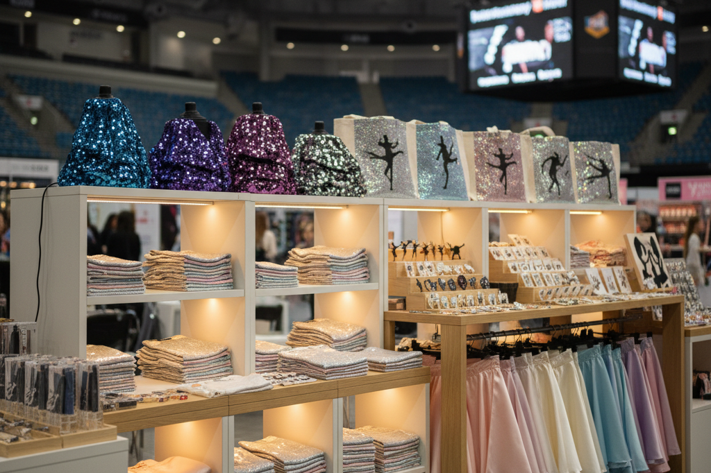 Medium shot of a well-organized dance-themed merchandise booth with sequined apparel and collectible items under ambient arena lighting