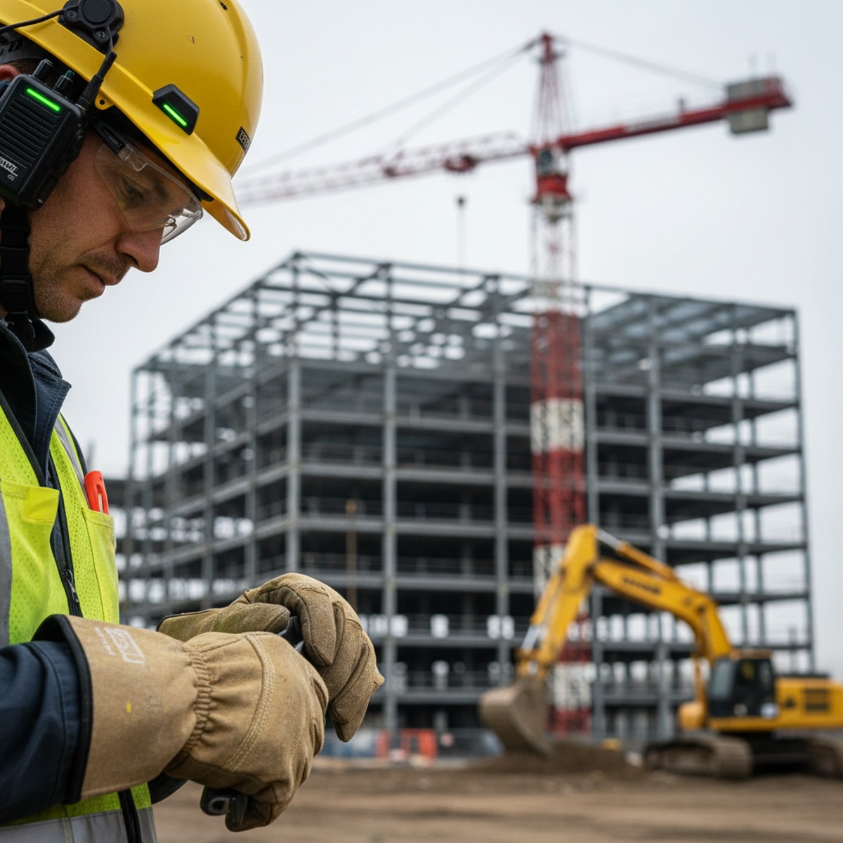 Rugged yellow hard hat with radio module, glowing indicators, on worker.