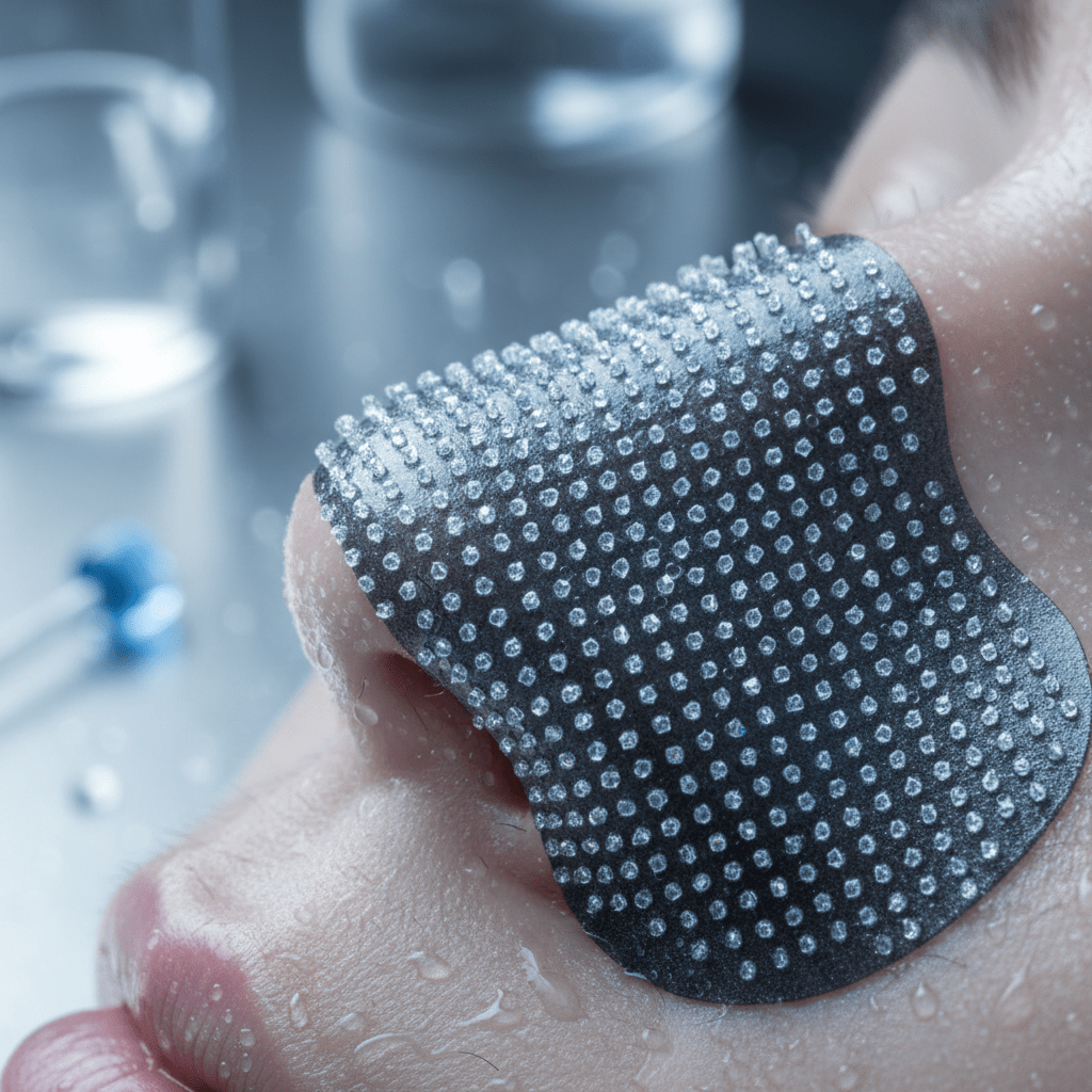 Futuristic nose strip with microneedles on damp skin, scientific aesthetic.