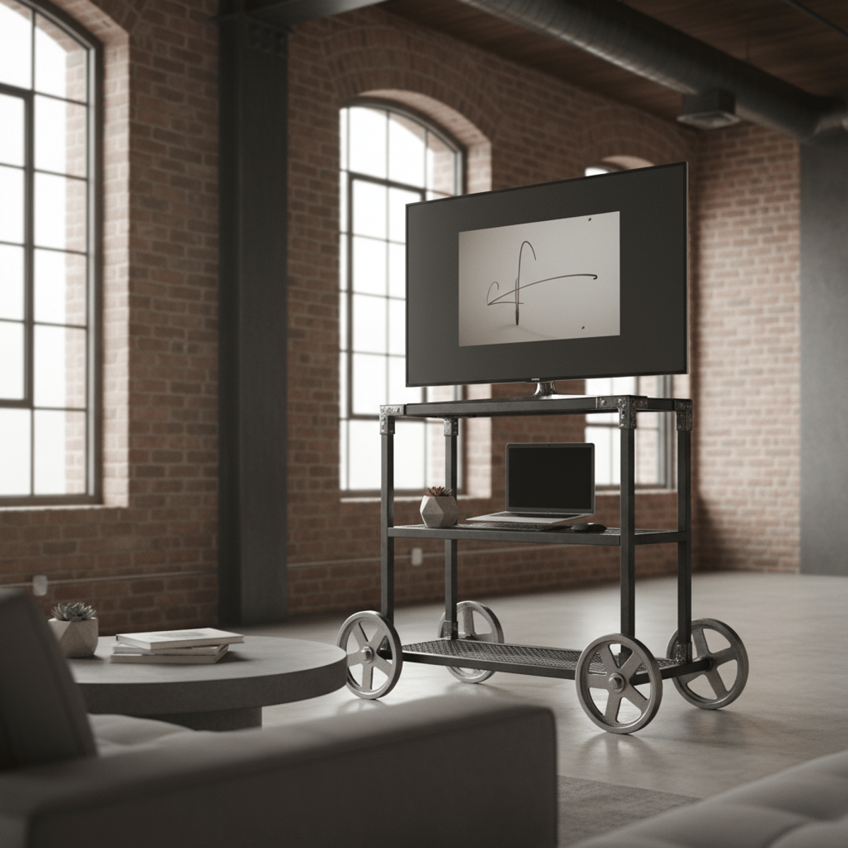 Portable TV on wheels with matte black steel frame in a loft setting.