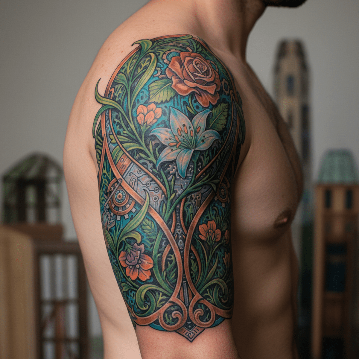 Solar-punk tattoo fuses nature and technology on a man's arm.