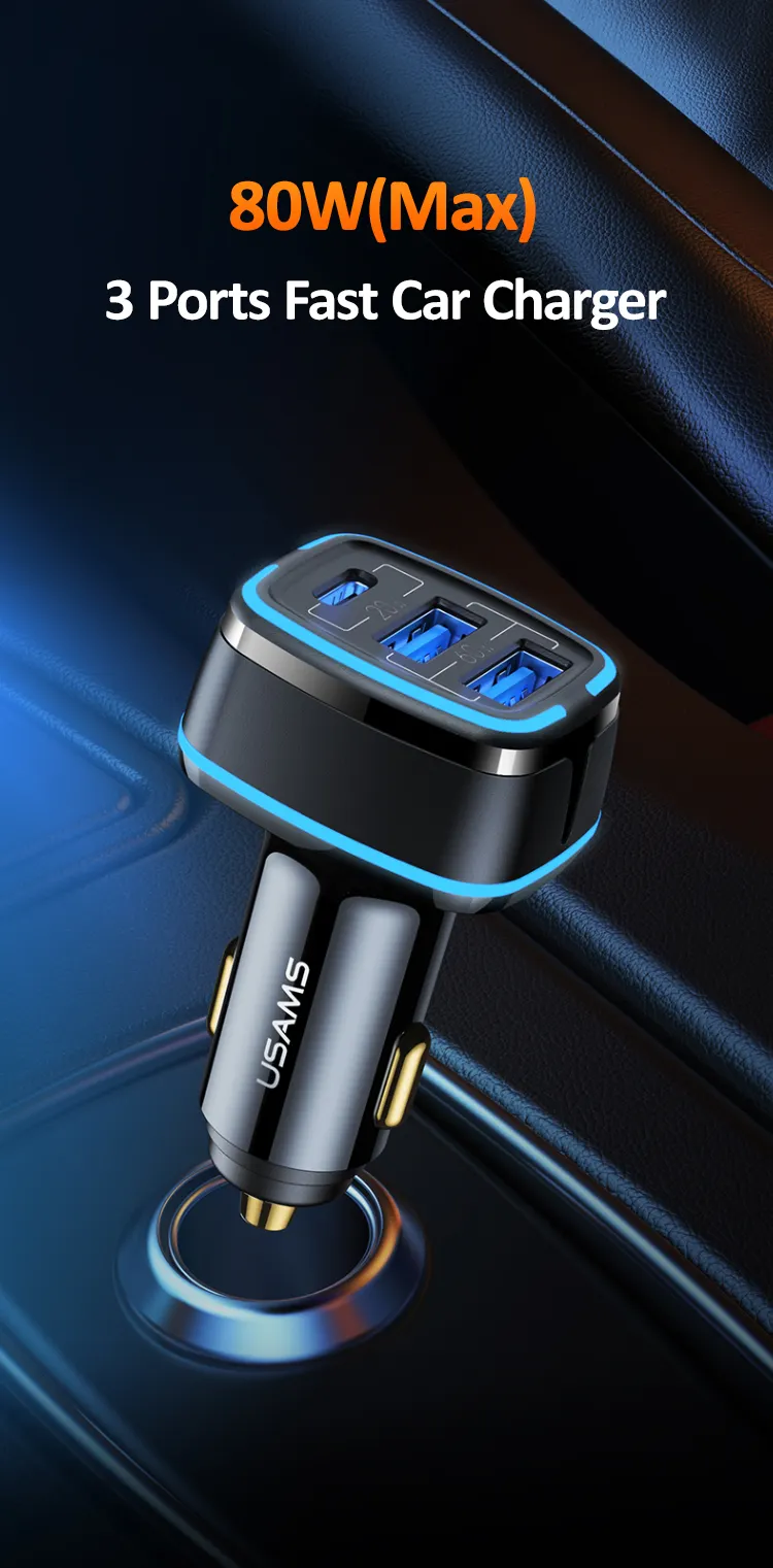 USAMS NEW 80W 3ports usb mini car charger for iphone