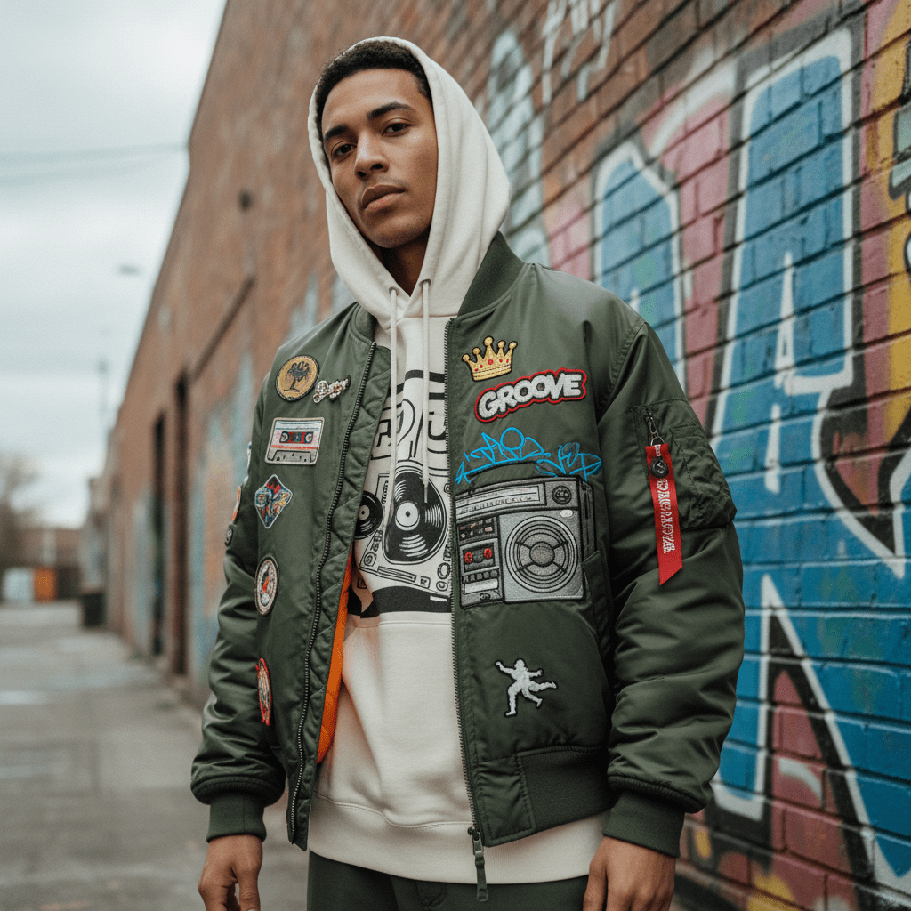 1980s inspired bomber jacket with bold embroidery and patches on graffiti wall.