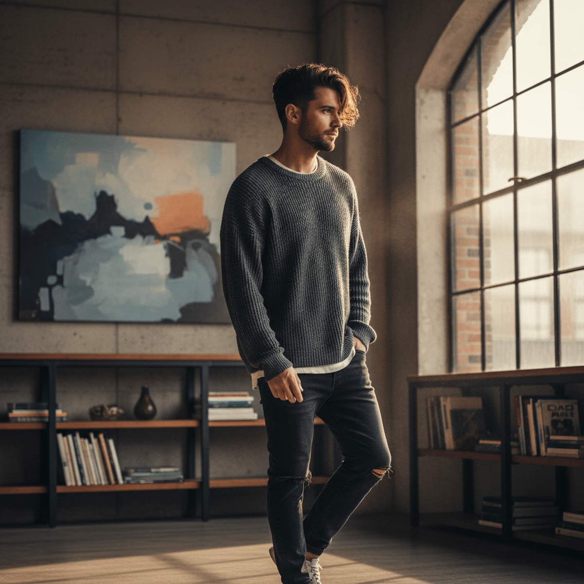 Man with dynamic curtain hairstyle in urban loft, cinematic lighting, textured hair.