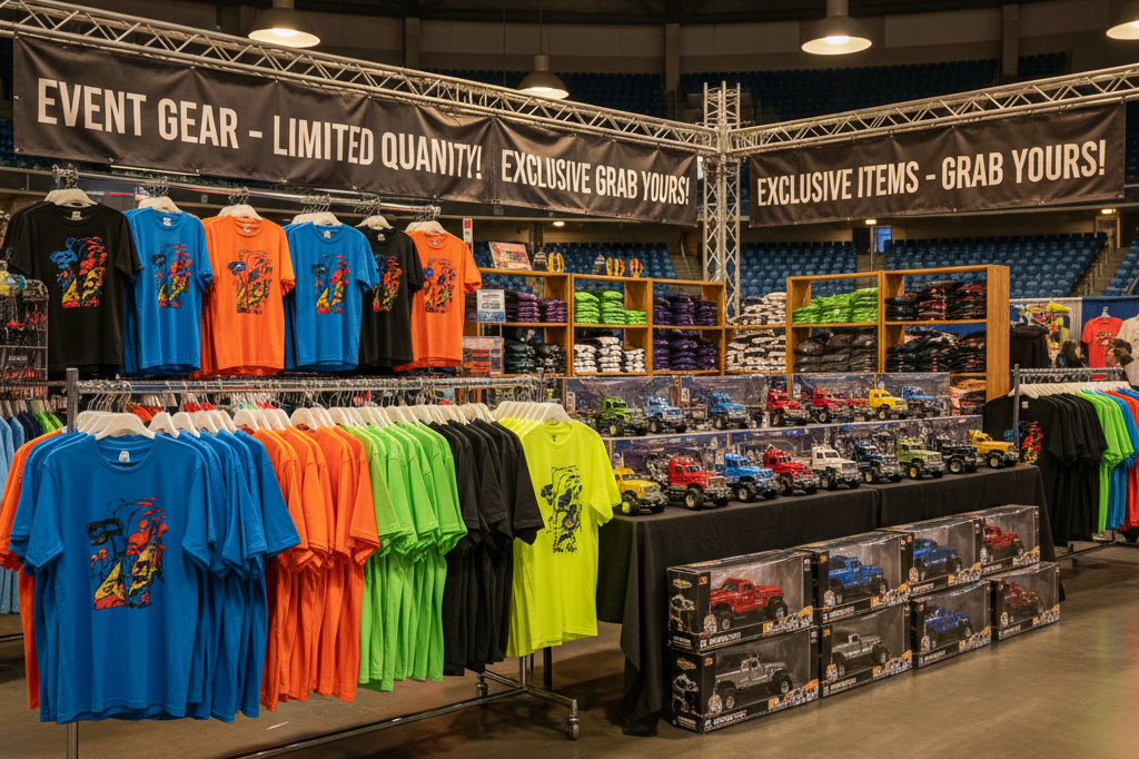 Wide shot of an event merch booth with t-shirts, toys, and hoodies under warm ambient lighting, highlighting sales urgency