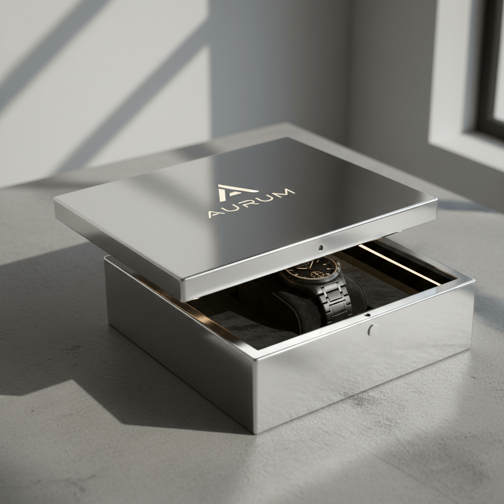 Sleek aluminum box with mirror finish showcasing a luxury watch on velvet.