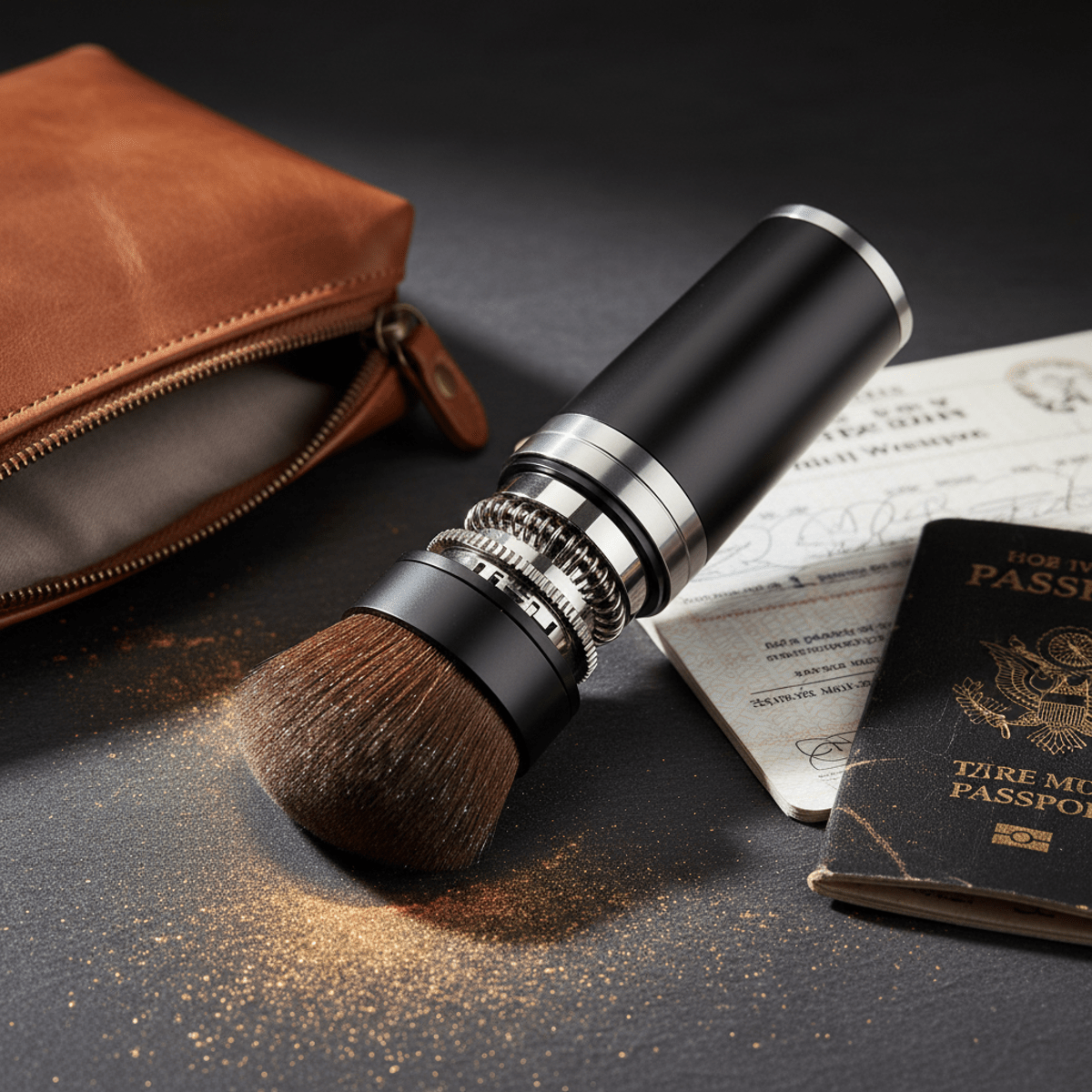 Futuristic retractable kabuki brush with antimicrobial bristles and matte black casing.