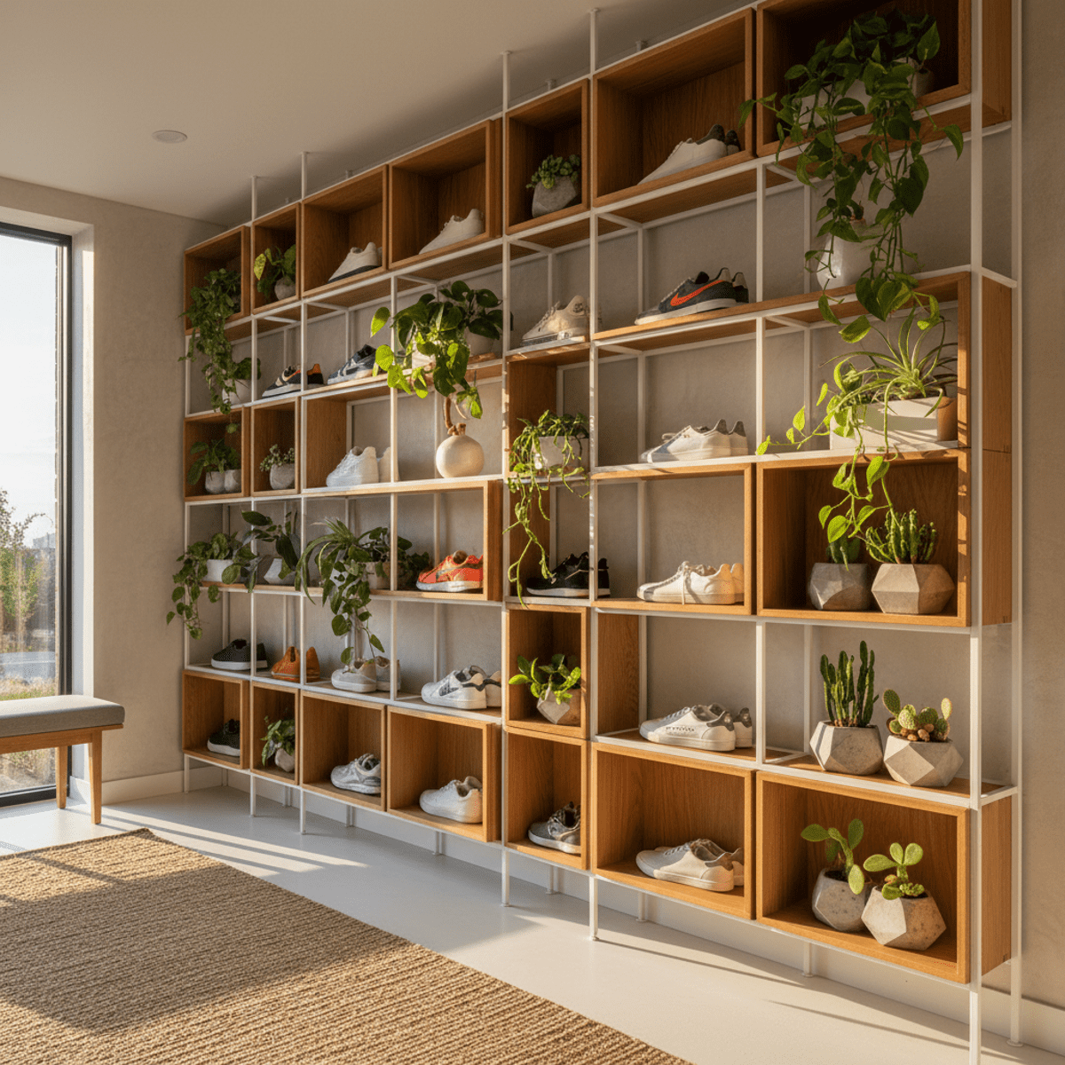 Modern shoe organizer with plants, featuring white steel and oak in golden hour light.