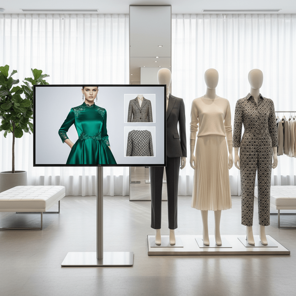A 4K TV displays detailed clothing textures next to fashion mannequins in a luxury store.