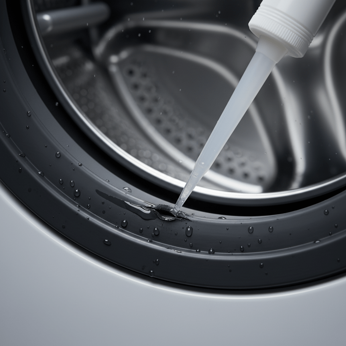 Repairing a torn washing machine rubber gasket with translucent silicone sealant.