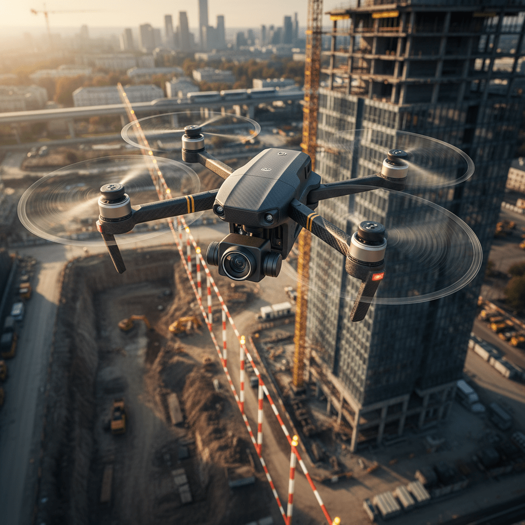 Mini drone with camera flies over a construction zone with excavation and skyscraper.