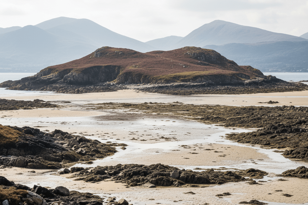 Windswept private island surrounded by tidal pools and rocky shore under overcast sky in Welsh national park