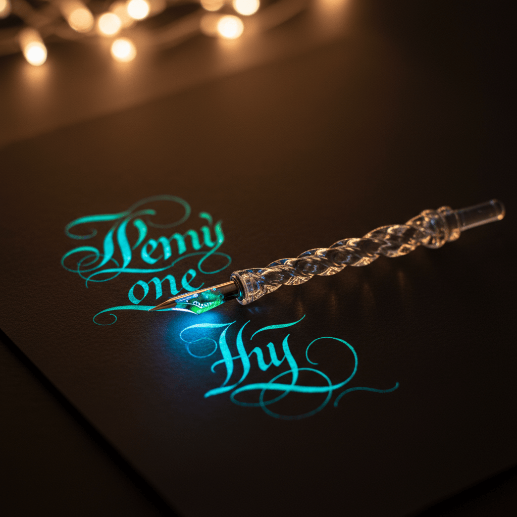 Luminous glass calligraphy pen glows beside a neon blue and jade green design.