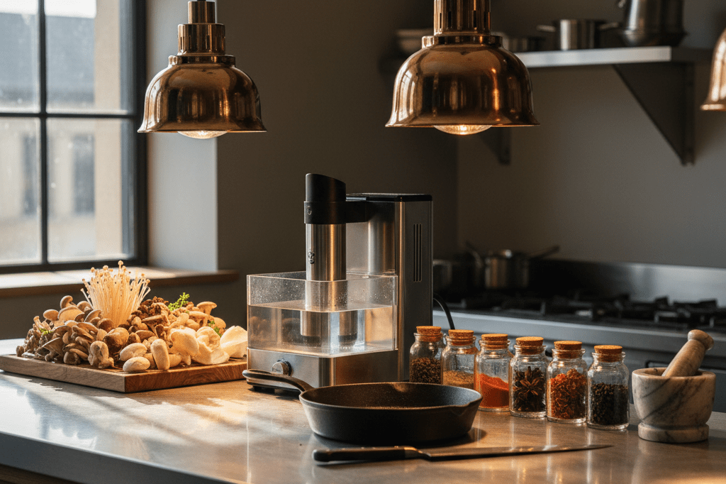 Professional kitchen counter displaying premium cooking equipment and specialty ingredients under warm ambient lighting