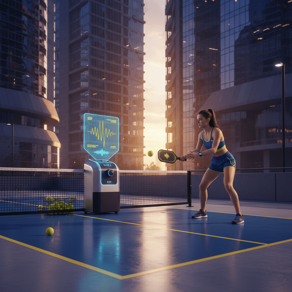 Advanced pickleball training on a futuristic court with a high-tech machine.