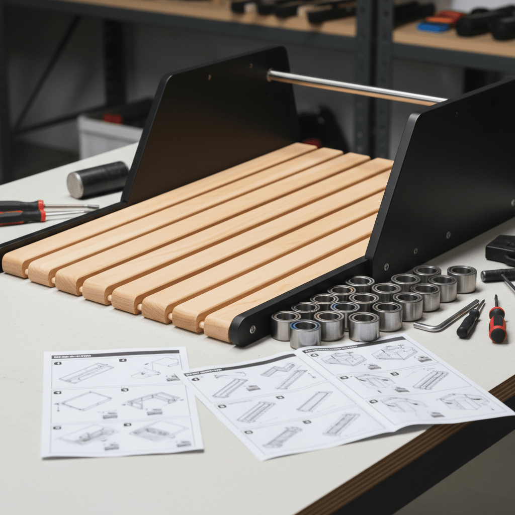 Partially assembled dog slatmill with wood, metal, and tools on a workshop table.