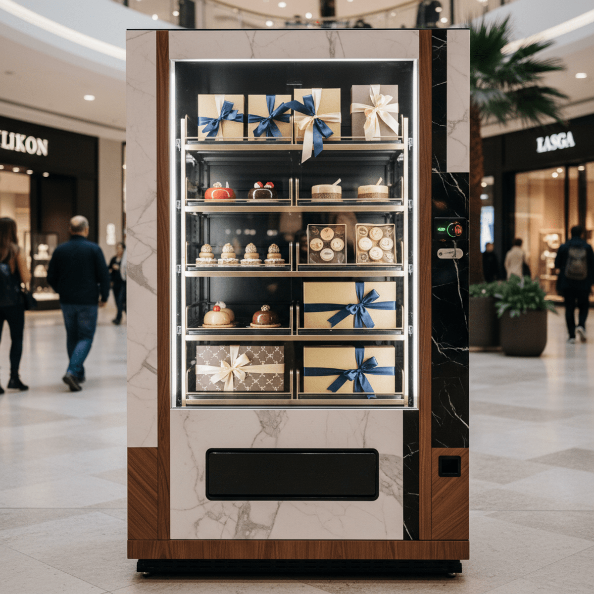 Luxurious cake vending machine in a high-end mall with marble and wood accents.
