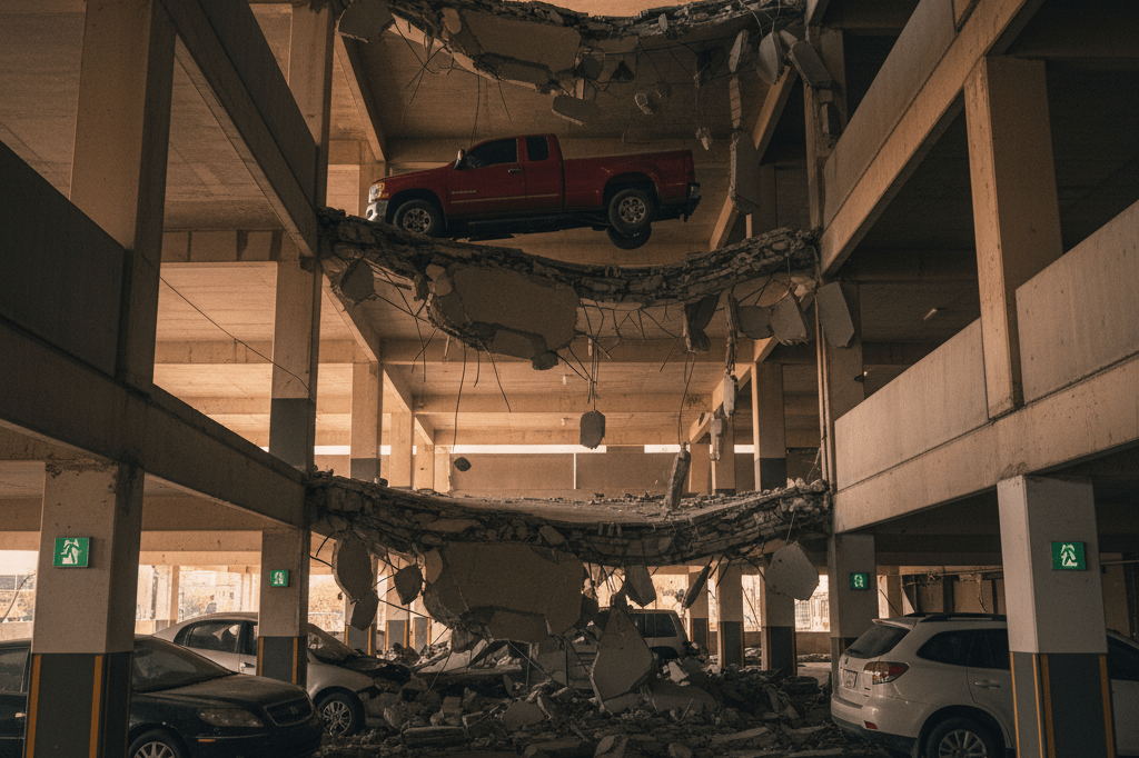 Wide shot of damaged parking structure with concrete debris and suspended vehicles under ambient light, highlighting structural failure risks