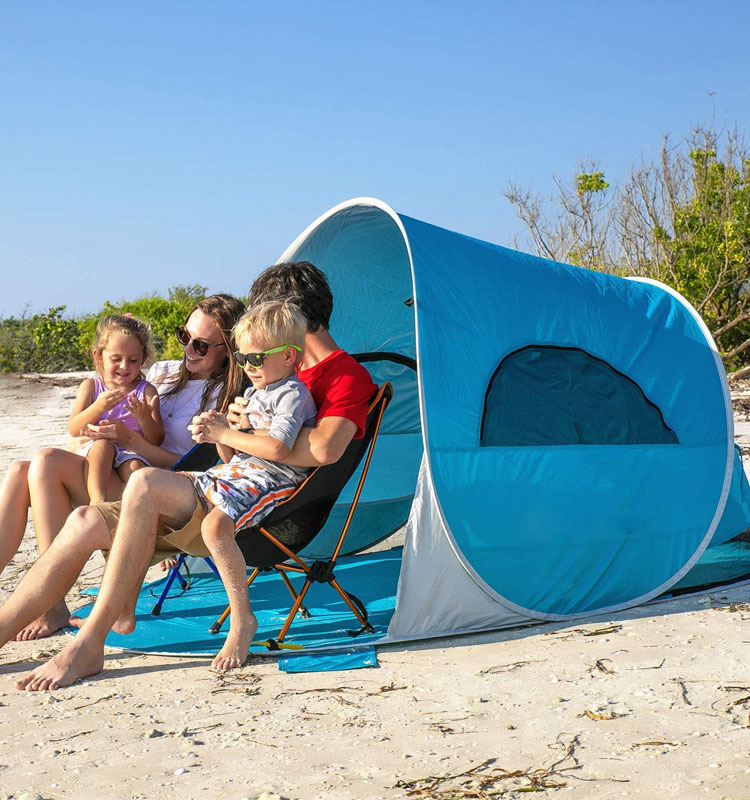 4 Persons Foldable Water, Resistant Uv50 Camping Resort Stretch Hole Frame Half Full Color Beach Tents With Sandbag Anchors/