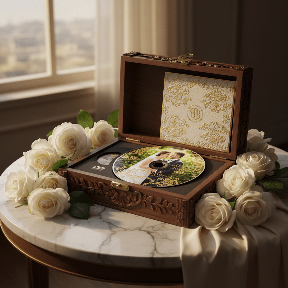 Luxury wedding DVD keepsake with custom print, gold foil, and roses on marble.