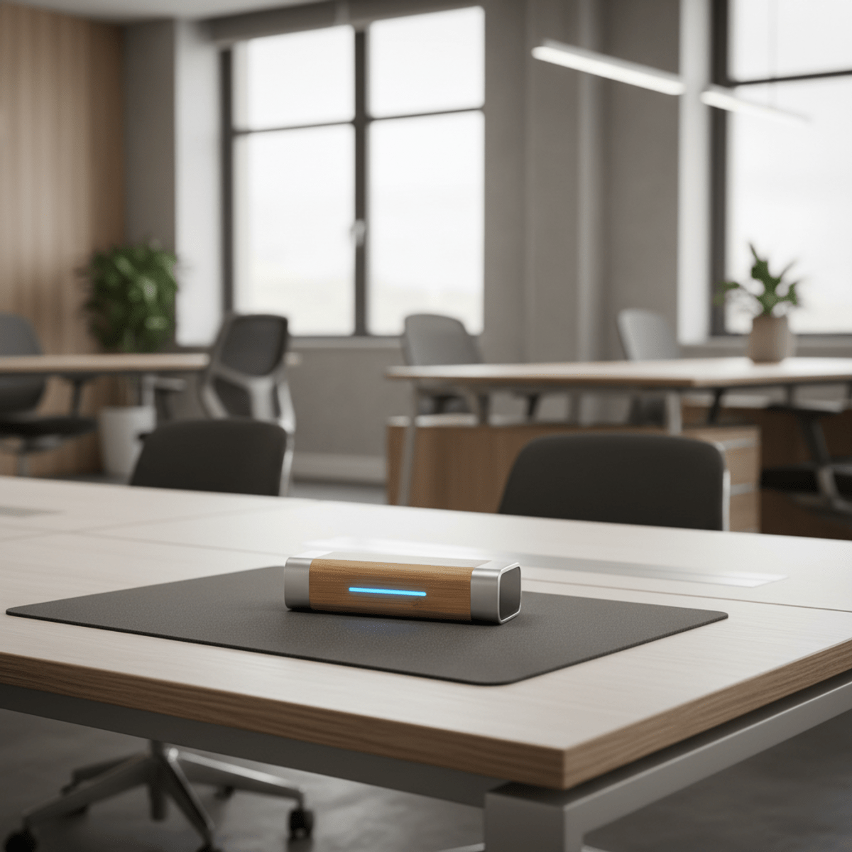 Sleek eco-friendly Wi-Fi dongle made of bamboo and recycled aluminum on a desk.