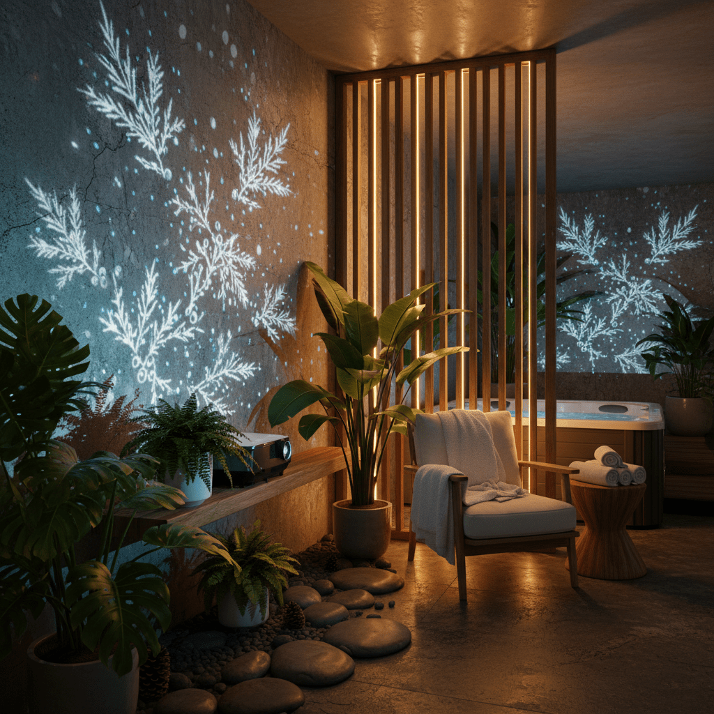 Projected winter botanicals illuminate a tranquil spa interior with frosted leaves and holly.