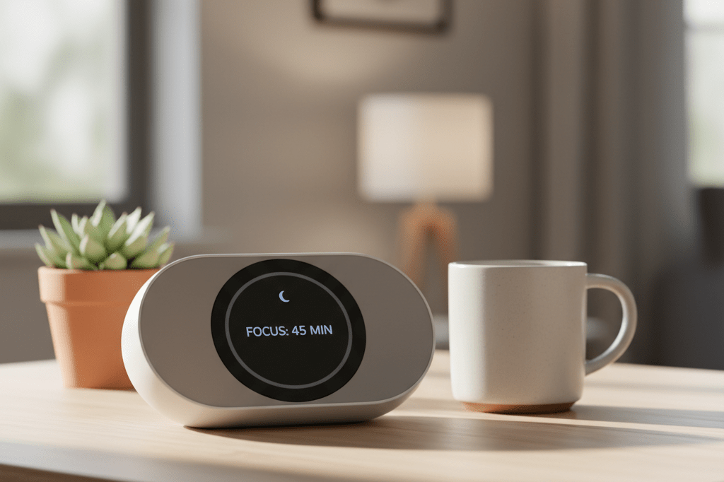 Close-up of a sleek digital wellness device on a wooden table under soft natural light, symbolizing screen time management solutions