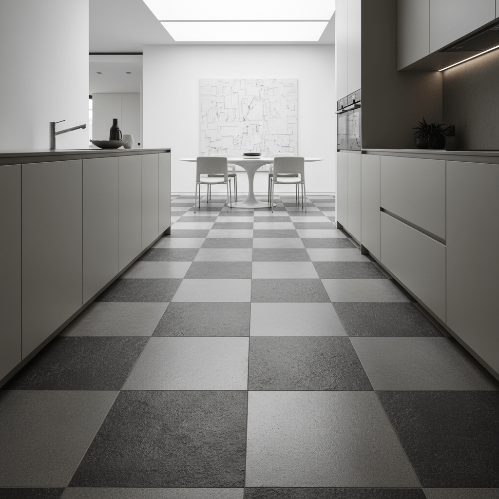 Contemporary kitchen with bold checkerboard polished concrete and matte stone flooring.
