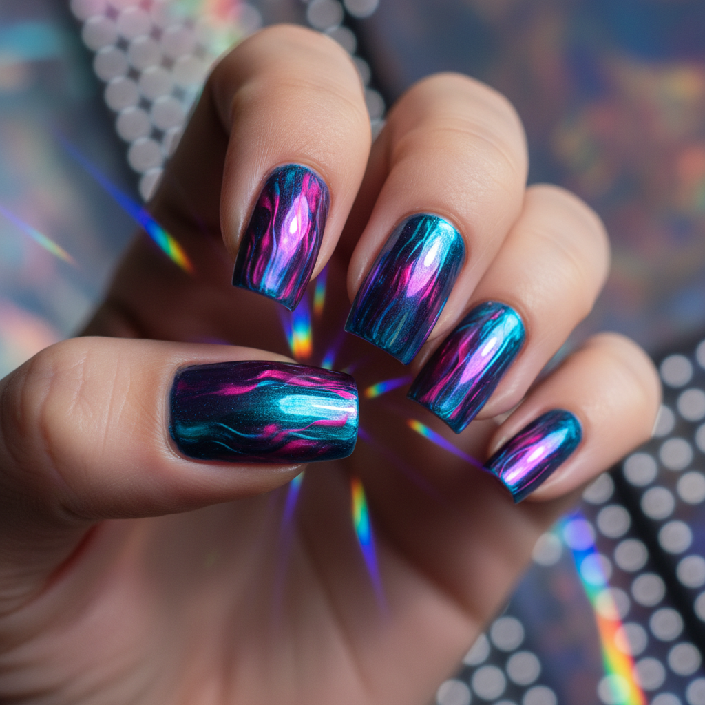 Macro shot of chrome nails with multi-tonal reflective surfaces under prism light.