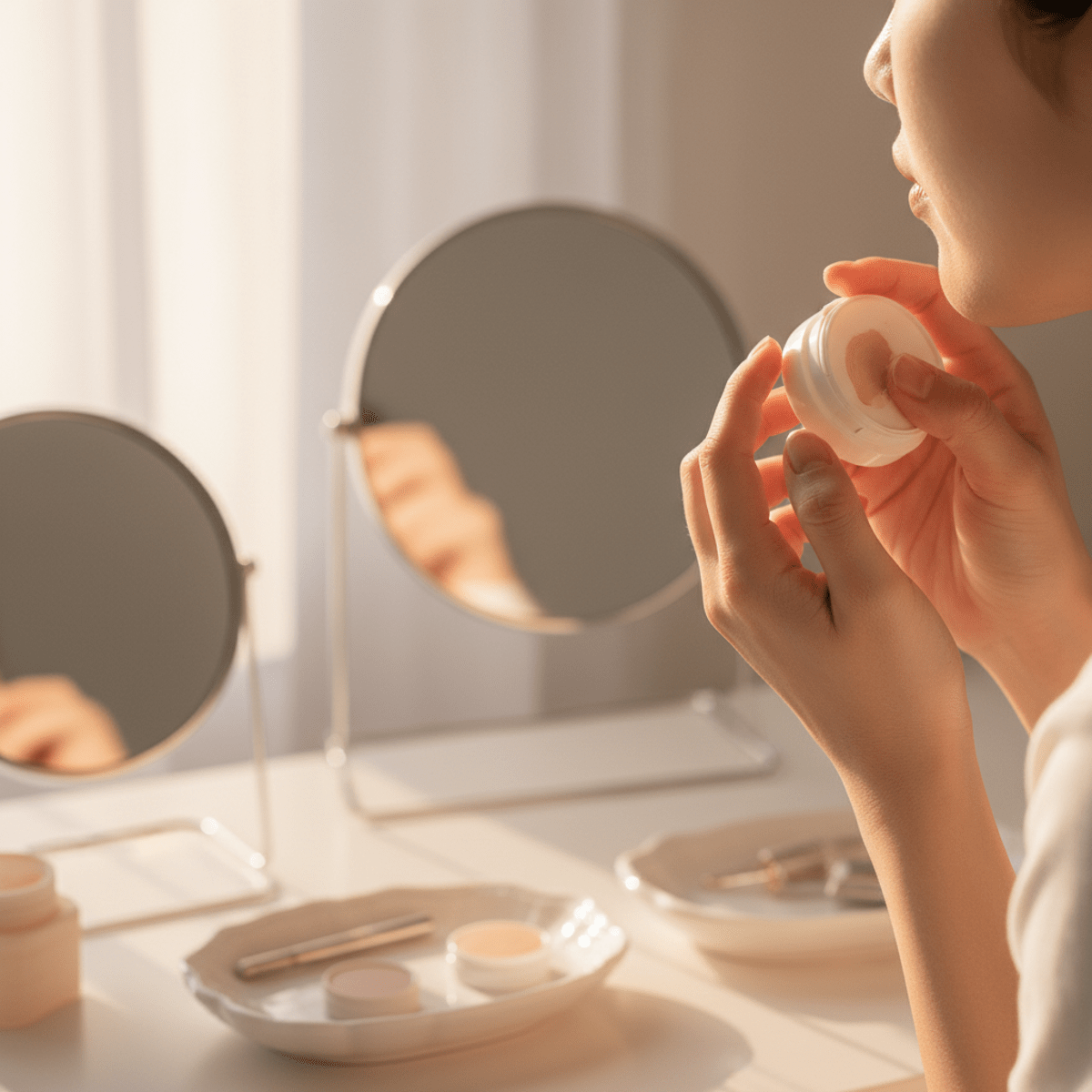 Fingertips applying matte foundation balm for a luminous, airbrushed skin effect.