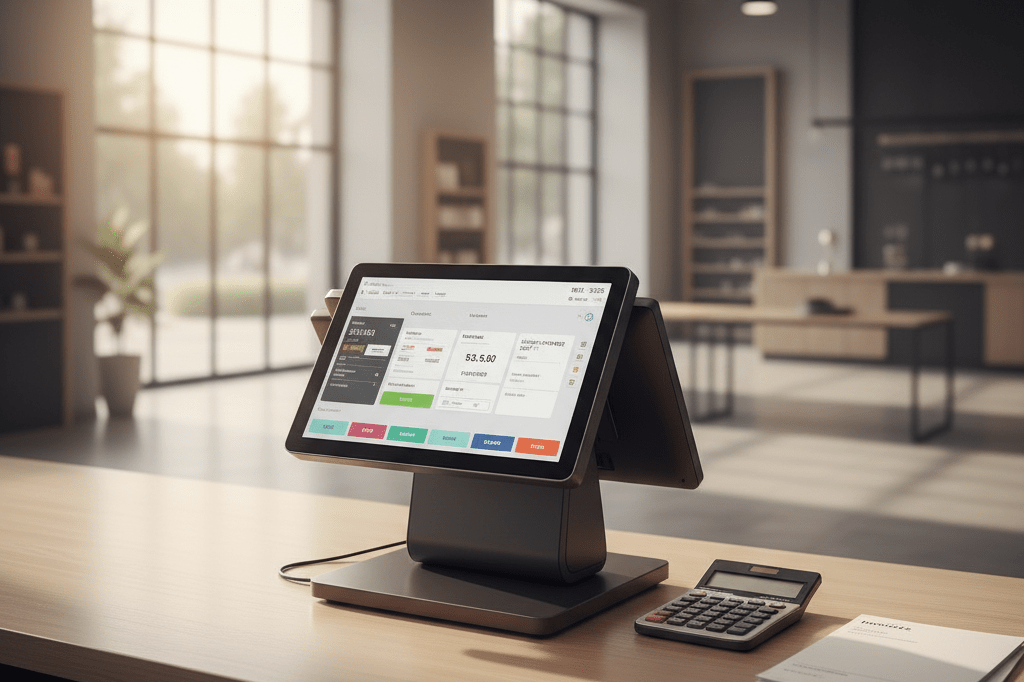 Organized retail counter showcasing a digital POS system and tools for flexible payment options under natural light