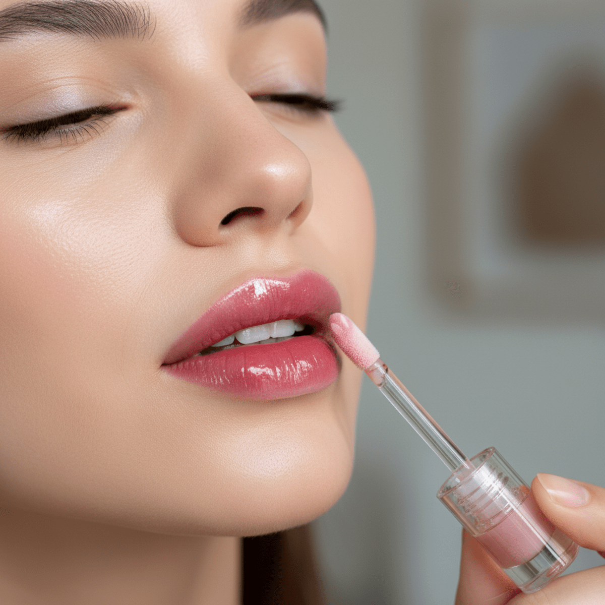 Model applying ultra-glossy bunny tongue lip gloss with a rose-pink ombré.