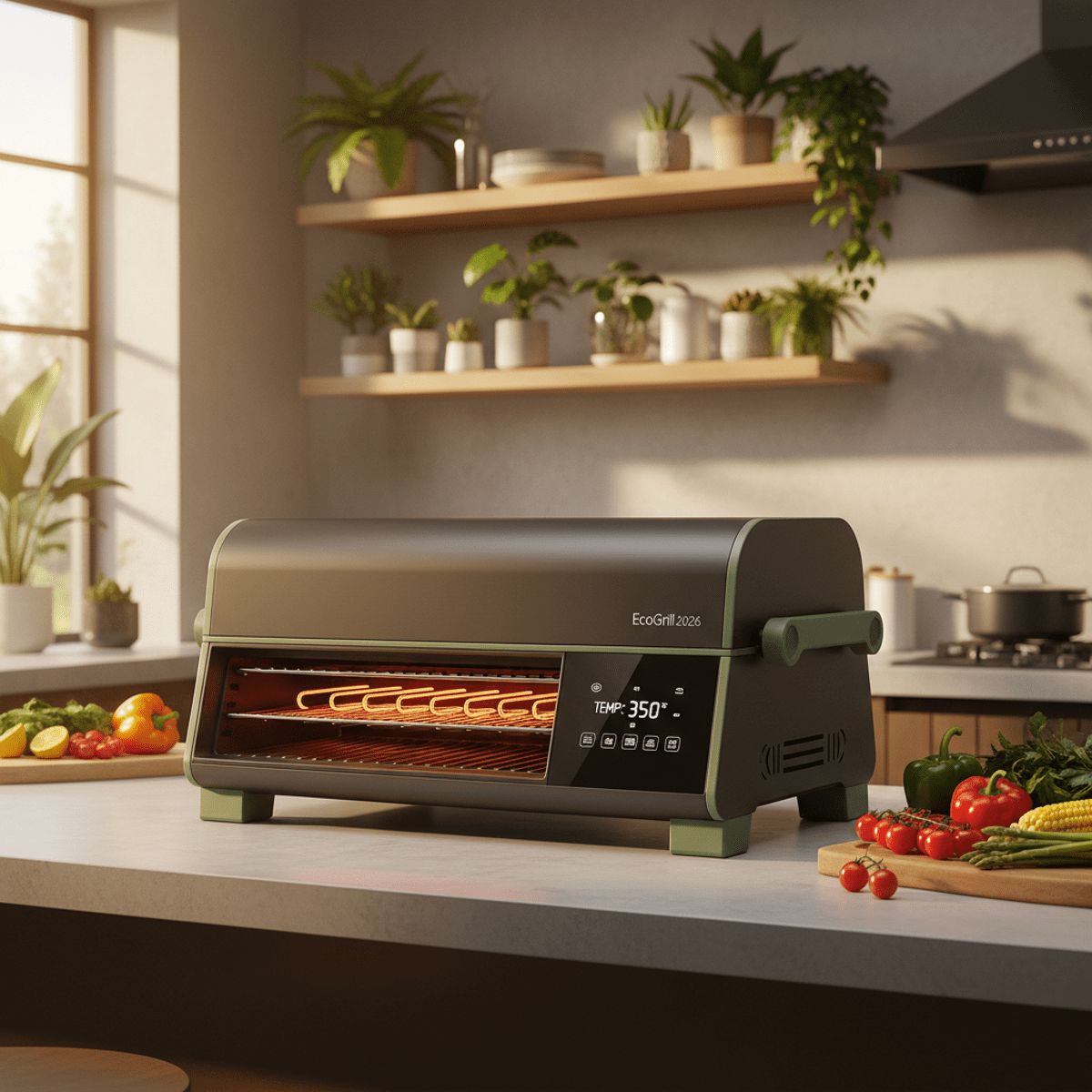 Sustainable indoor grill in a modern kitchen setting. Eco-friendly indoor grill in a modern kitchen with produce and warm lighting.