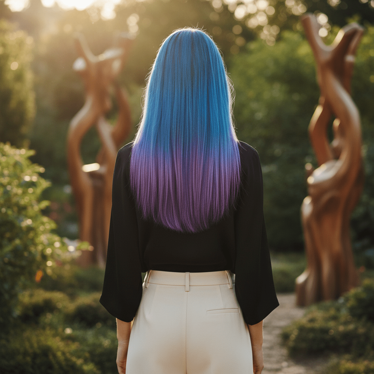 Model with bio-synthesized electric blue to violet hair in golden hour sunlight.
