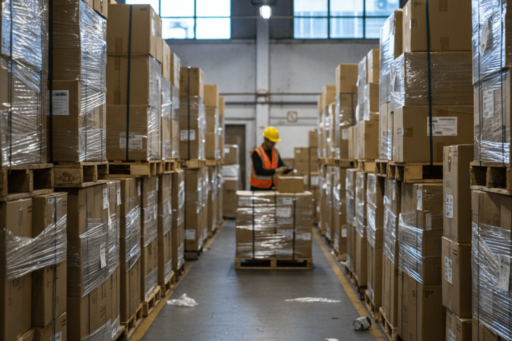 Busy distribution center managing compressed Easter inventory surge Stacked boxes in warehouse under industrial light showing supply chain pressure during mandatory store closure