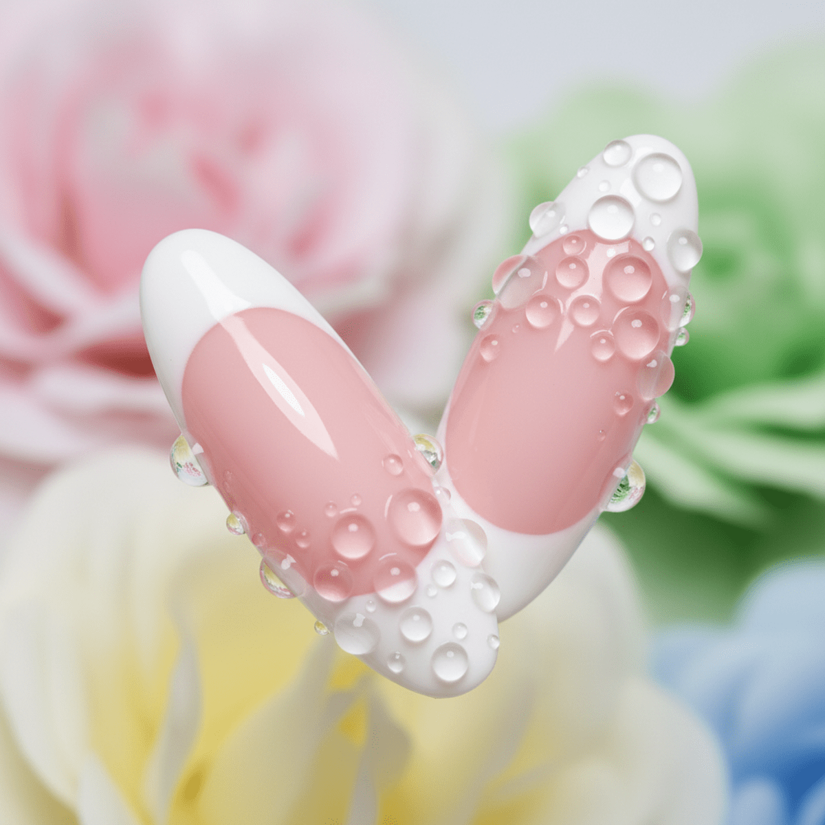 Elegant French nails with sculpted 3D gel dew drops on a pale pink base.