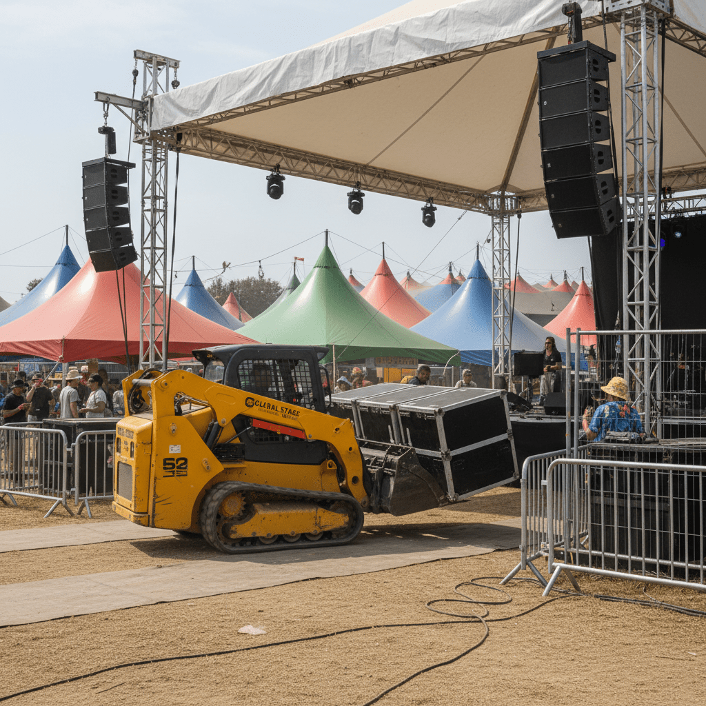 Compact skid loader positions stage panels at a vibrant outdoor festival.