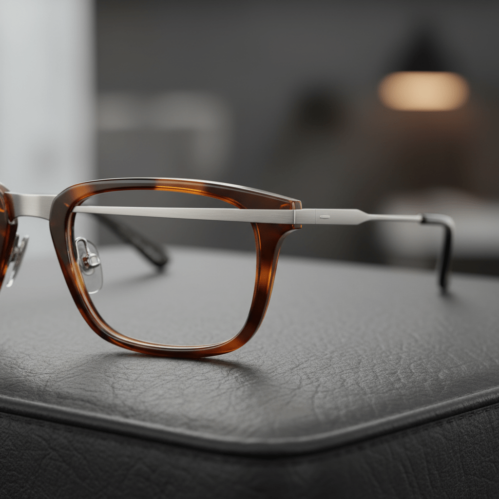Sleek metal and bold acetate eyeglasses with tortoiseshell pattern on leather.