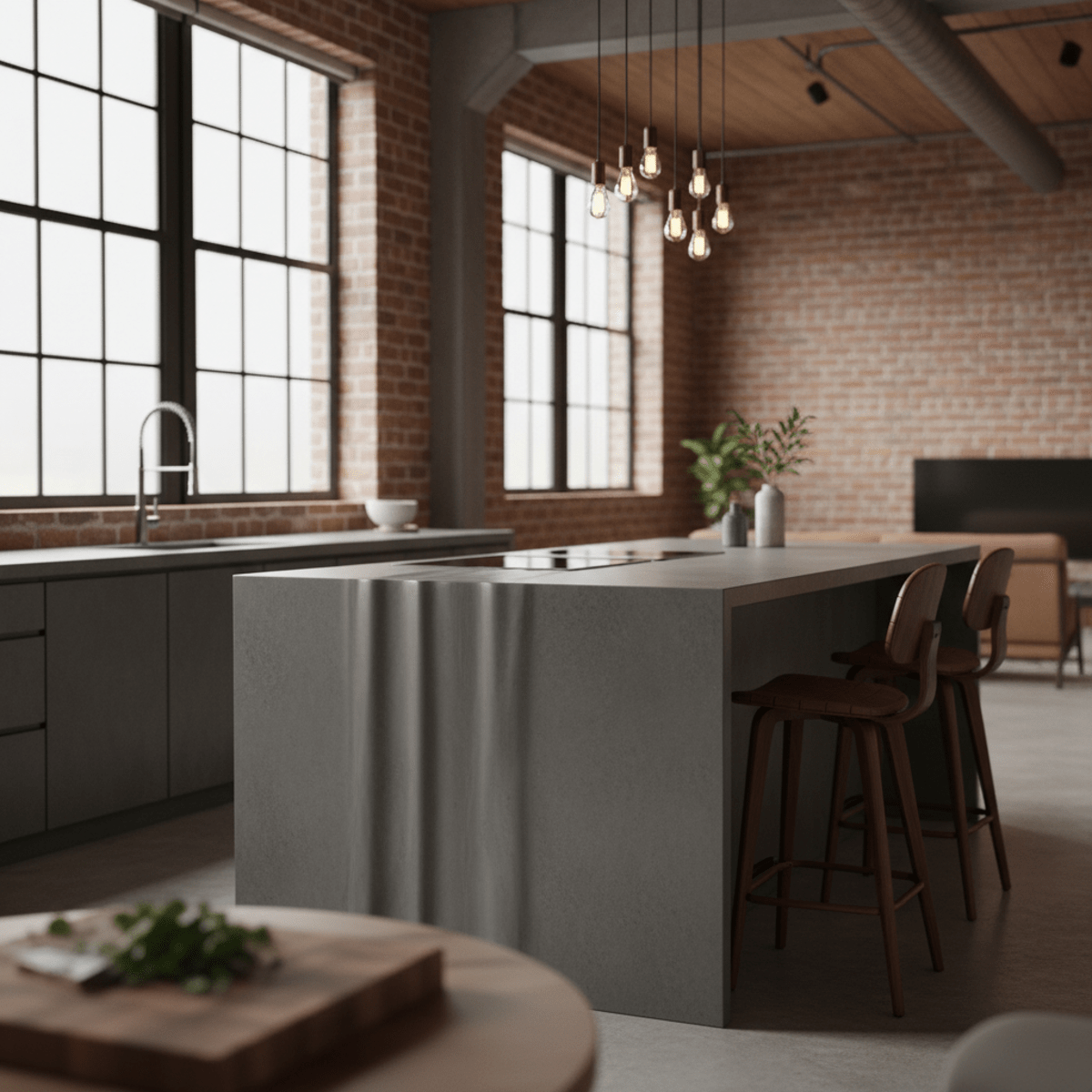 Modern loft kitchen with charcoal concrete island, exposed brick, and brushed steel.