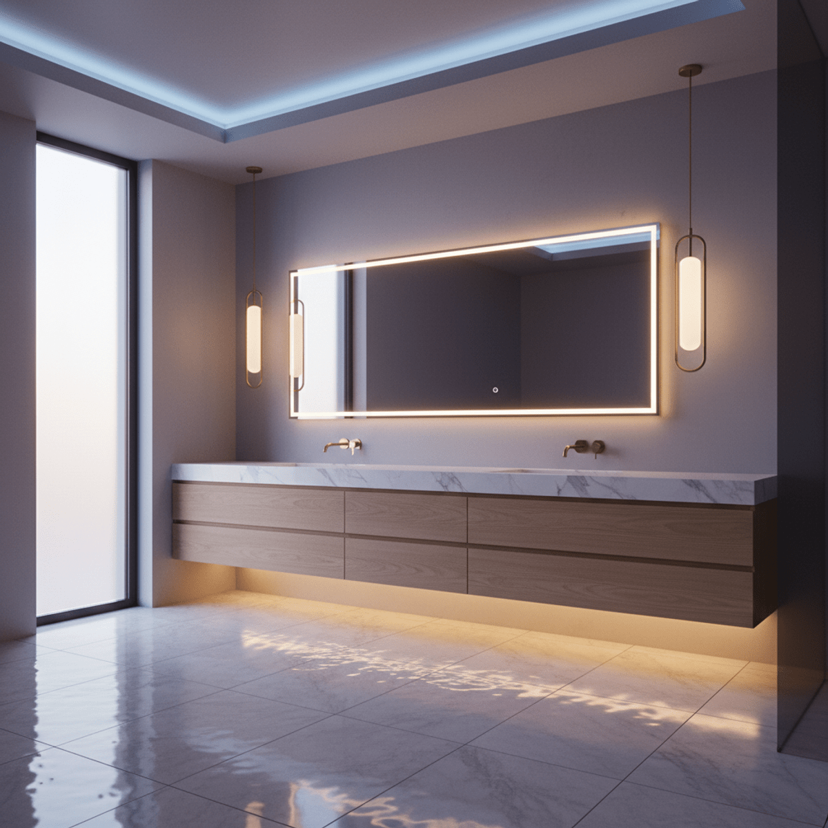 Luxury bathroom with immersive layered lighting and floating vanity. Modern luxury bathroom with layered lighting, floating vanity, and brushed brass pendant lights.