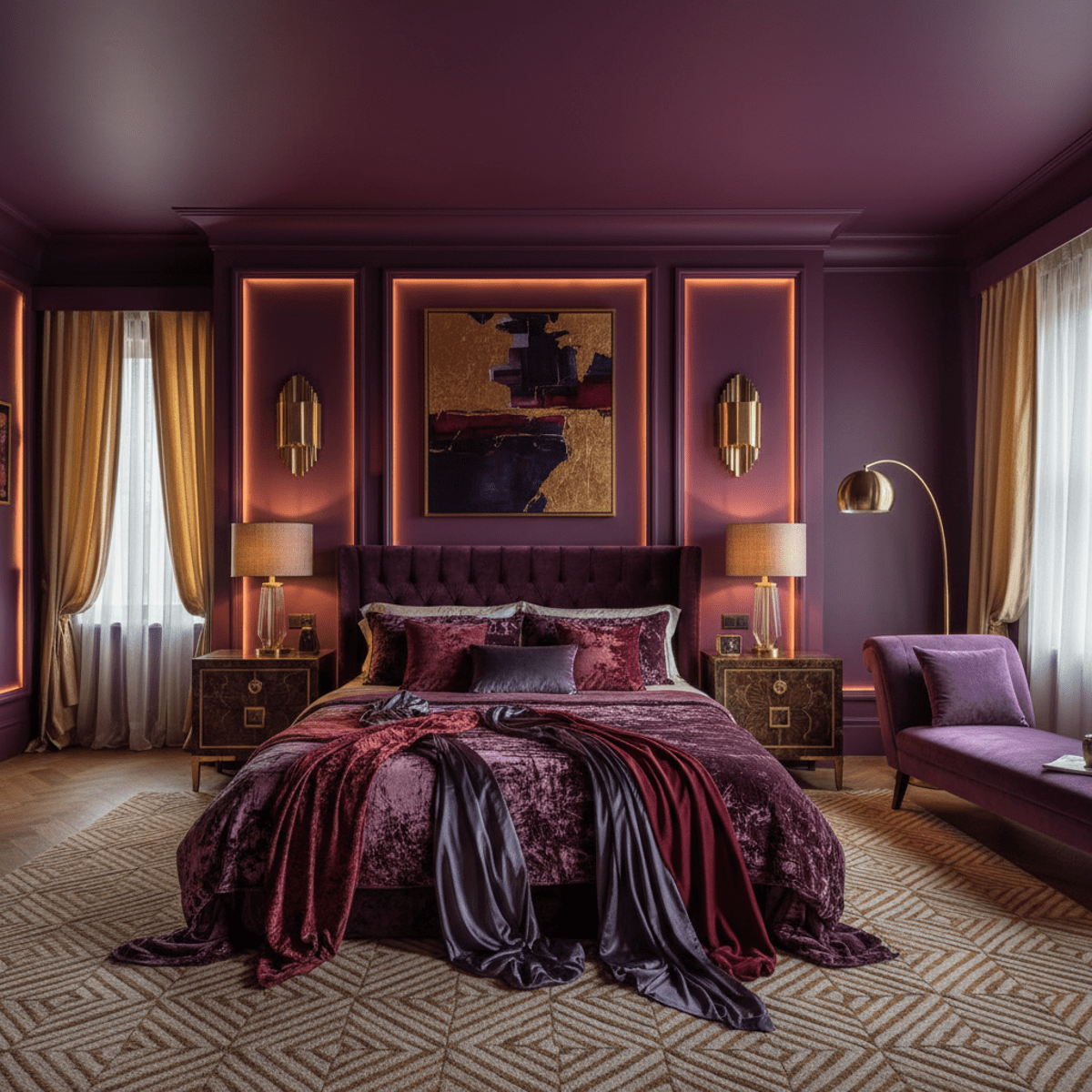 Opulent bedroom with deep plum walls, brass hardware, and luxurious velvet and silk bedding.