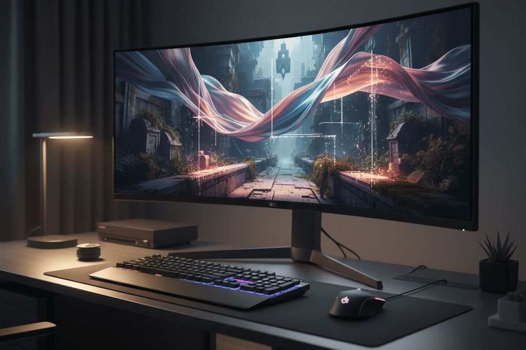 Photorealistic gaming station with a high-end monitor showcasing detailed textures and vibrant lighting effects under soft ambient illumination